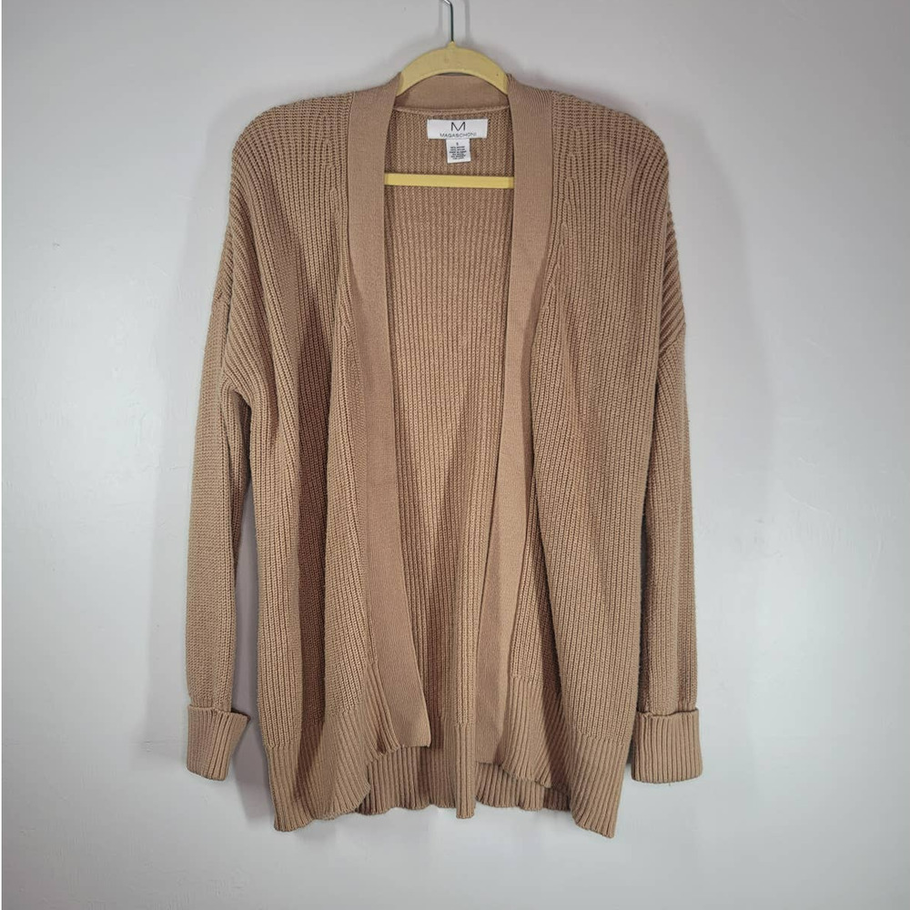 Magaschoni Women's Open Front Ribbed Long Sleeve Cardigan Sweater Brown Size S